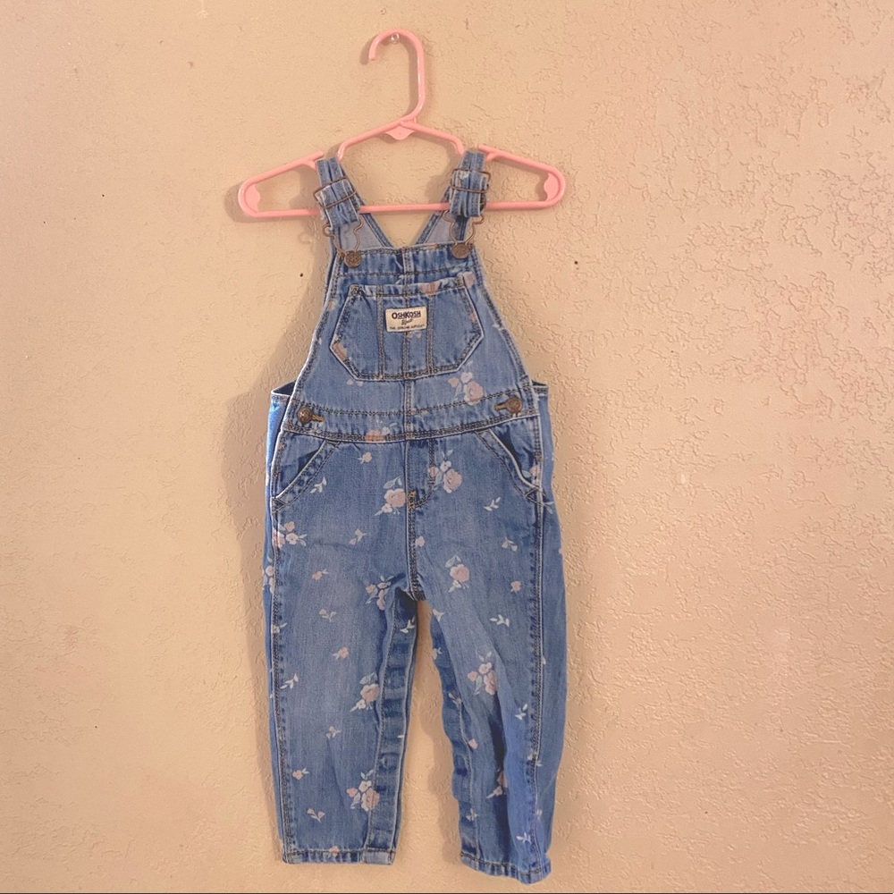 Oshkosh girls overalls with medium toned demon and small floral accents